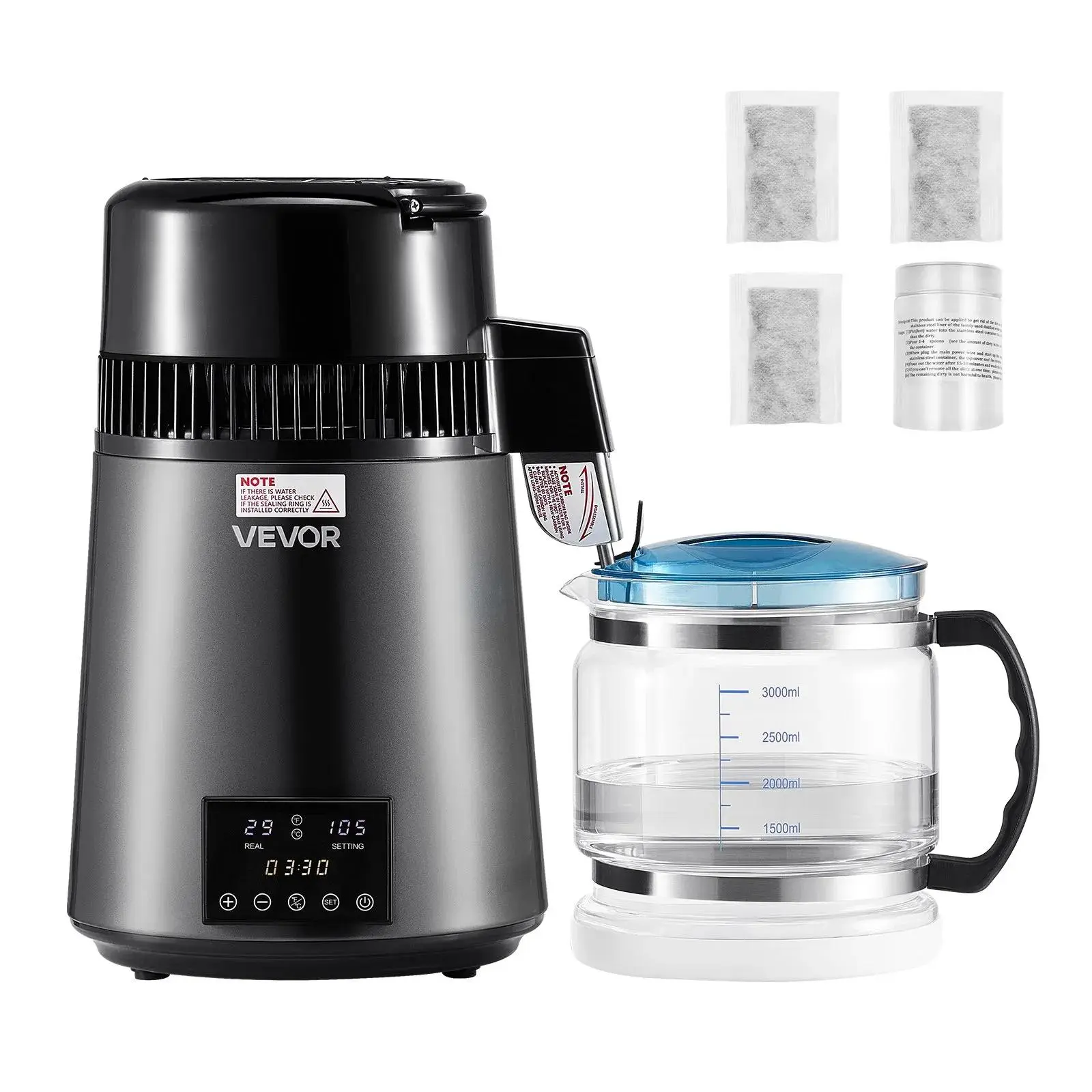【Summerfinds】VEVOR Water Distiller,  4L 1.1 Gallon Pure Water Purifier Filter For Home Table Countertop, 750W Distilled Maker with Glass Pot, Stainless Steel Interior Drinking Machine to Make Clean Waters, Grey