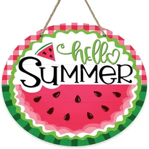 Watermelon & Letter Pattern Hanging Sign, Wooden Hanging Decor, Home Decor, Hanging Swag for Front Door, Outdoor Porch Decorations, Seasonal Farmhouse Wood Flower Garlands, Hangable