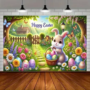 Easter Celebration Polyester Banner, Vibrant Bunny & Egg Design, Home Garden Studio Decor, Multi-Color Party Background, Outdoor Events