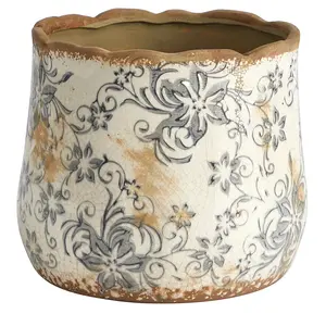 Nearly Natural 7" Tuscan Ceramic Gray Scroll Planter with Artisanal Floral Pattern for Indoor Use Rustic Antique Style Ceramic Planter