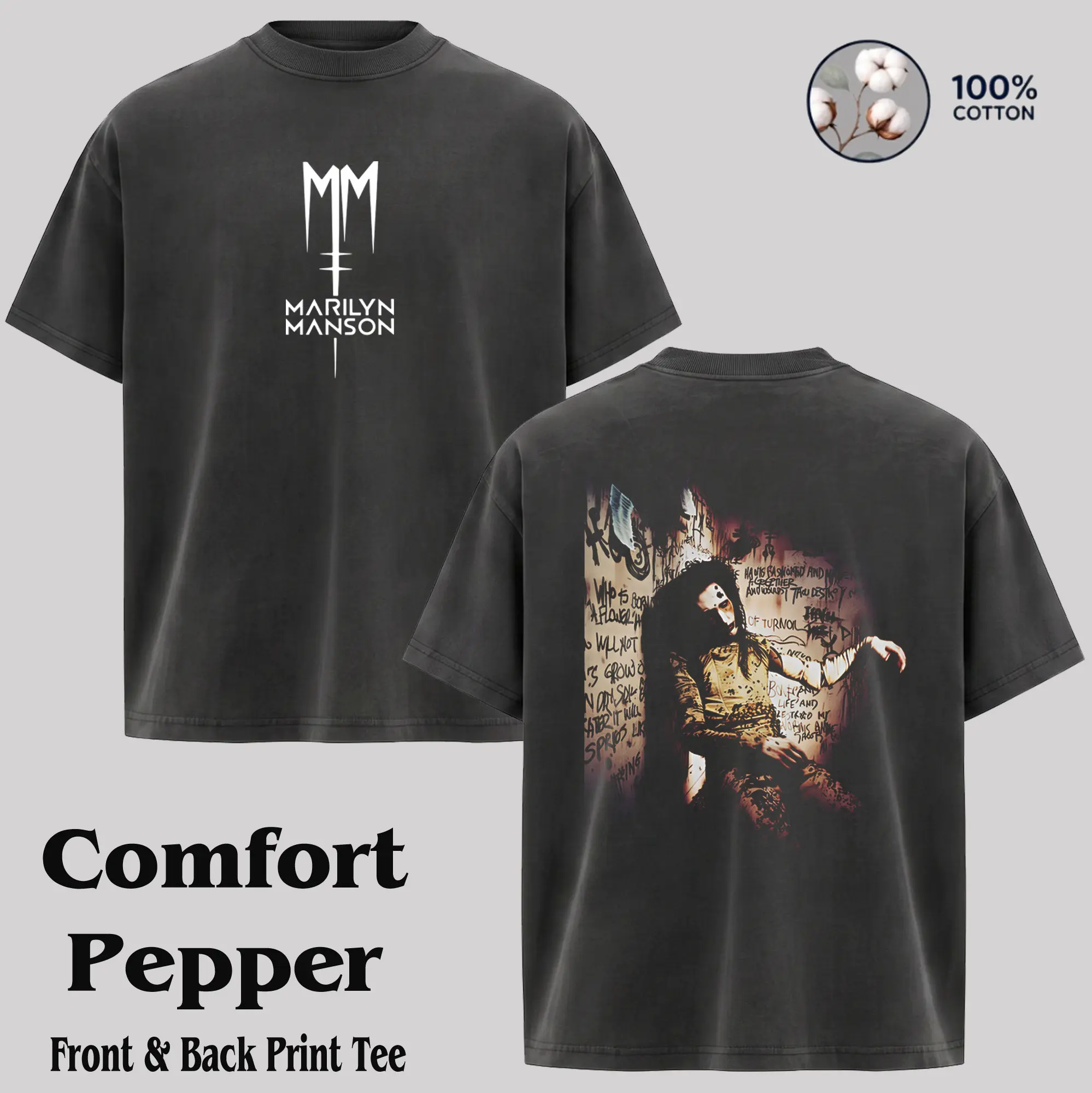 Vintage Marilyn Manson Washed Short-Sleeve T-Shirt - Casual Streetwear Top, Metal Band Rock Tour Merch, 90s Grunge Aesthetic Alternative Menswear