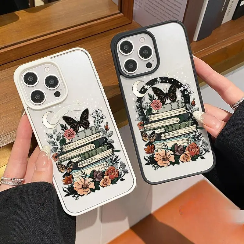 Moonlight Flower Pattern Magnetic Phone Case Supports Wireless Charging for iPhone 17 15 16 14 Pro Max 13 12 11 XS AIR Plus E Shockproof Non Slip Protection Silicone Transparent Acrylic Cover Cellphone Protective