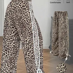 Women's Leopard Print Sweatpants Side Stripe Wide Leg Pants Y2K Streetwear Baggy Trousers with Bow Hem，Trendy Leopard Print Track Pants High Waist Loose Fit Casual Joggers Soft Comfy Lounge Trousers for Women，Hip Hop Street Dance Bottoms Fashion