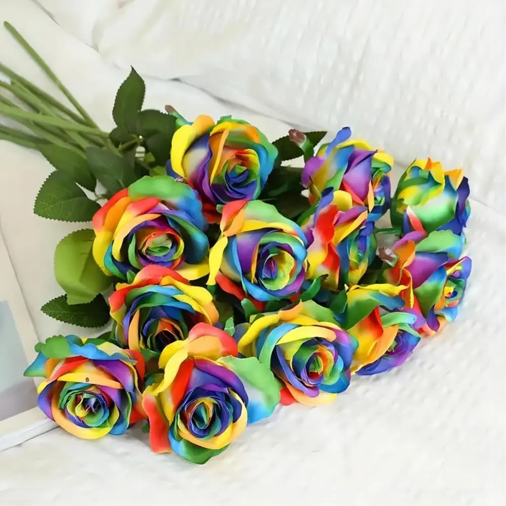 12-Piece Multi-Color Rainbow Silk Blend Long-Stem Plastic Artificial Decorative Flowers - 21in Total Length, 4in Accent, Home/Office Decor, Wedding Centerpieces, Anniversary Gift, Engagement Supplies, Indoor/Outdoor Use
