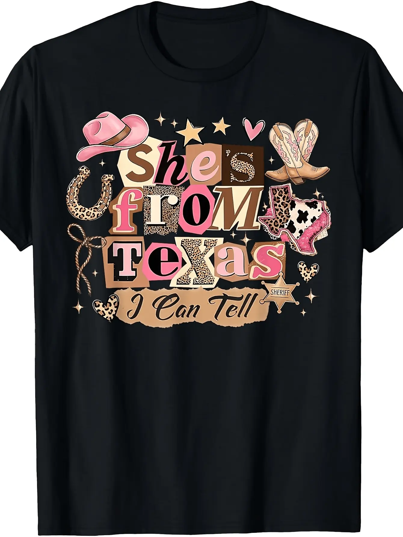 She'S from Texas I Can Tell Leopard Print Western unisex soft cotton short sleeve t shirt, vintage graphic casual tee for men women teens, perfect birthday holiday gift for camping travel gym daily street  wear