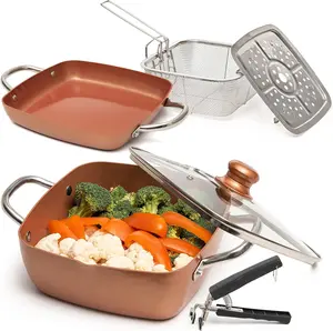 6 Pcs Copper Chef Cookware Non Stick Deep Frying Pan 9.5" x 3.5", Fry Basket, Steamer Rack, Dishwasher & Oven Safe, 5 Qt Deep Square Pot & Non Stick Pan, Induction Copper Cookware Set