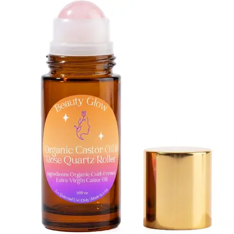 Organic Cold Pressed Castor Oil with Rose Quartz Roll On for Face & Body Made in USA Hexane Free Pure for Skin, Brows & Lashes, Massage, Castor Oil Packs 1.69 Oz