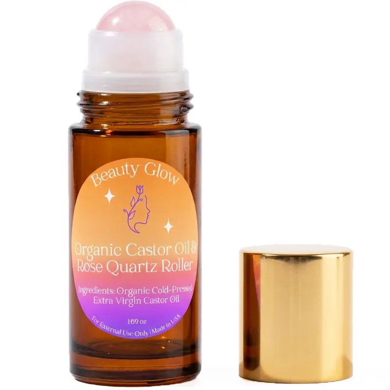 Organic Cold Pressed Castor Oil with Rose Quartz Roll On for Face & Body Made in USA Hexane Free Pure for Skin, Brows & Lashes, Massage, Castor Oil Packs 1.69 Oz