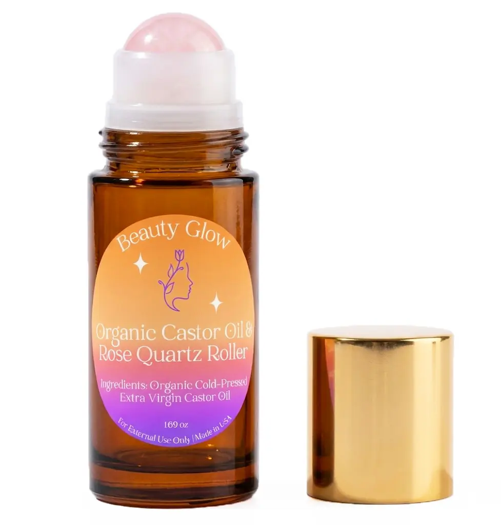 Organic Cold Pressed Castor Oil with Rose Quartz Roll On for Face & Body Made in USA Hexane Free Pure for Skin, Brows & Lashes, Massage, Castor Oil Packs 1.69 Oz