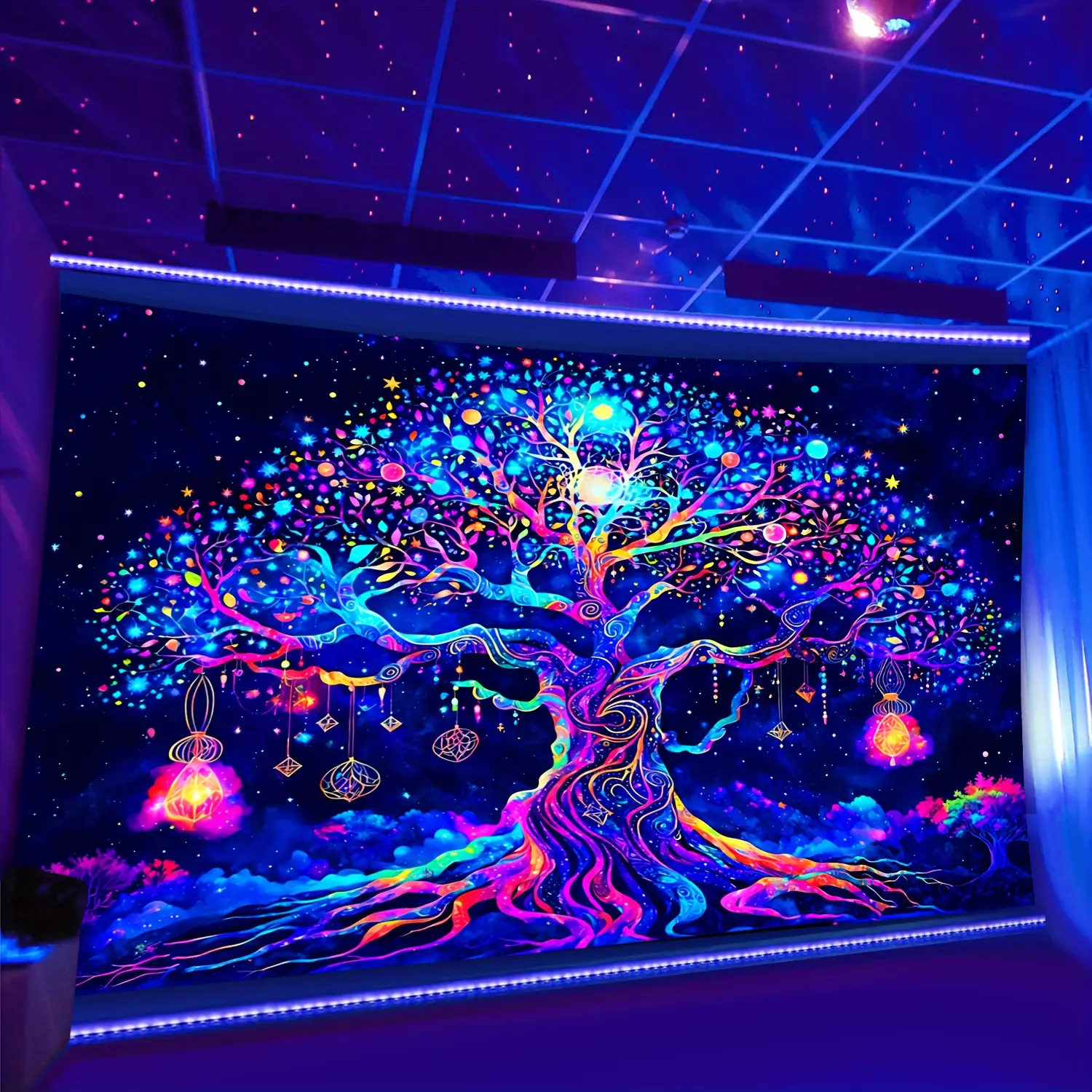 Large Synthetic Fluorescent Tree of Life Wall Decor Tapestry - Indoor Use Wall Decor, Multi-Size, Easy to Clean, No-Installation Option for Living Rooms, Dorms
