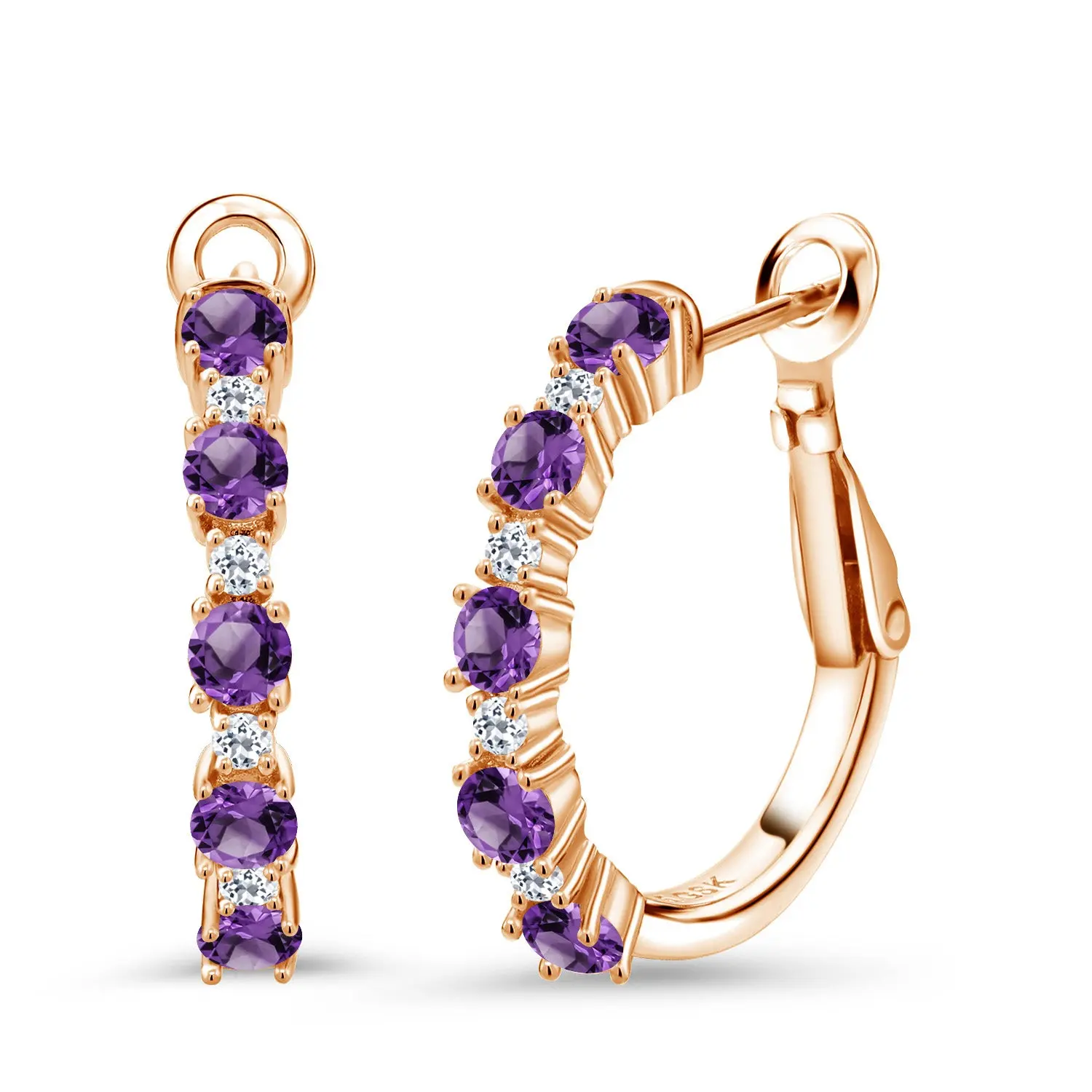 Gemstone Birthstone and White Topaz Hoop Earrings for Women | 925 Sterling Silver | Round 3MM and 1.8MM | 3/7 Inch Diameter | Fine Jewelry for Her Mom Wife