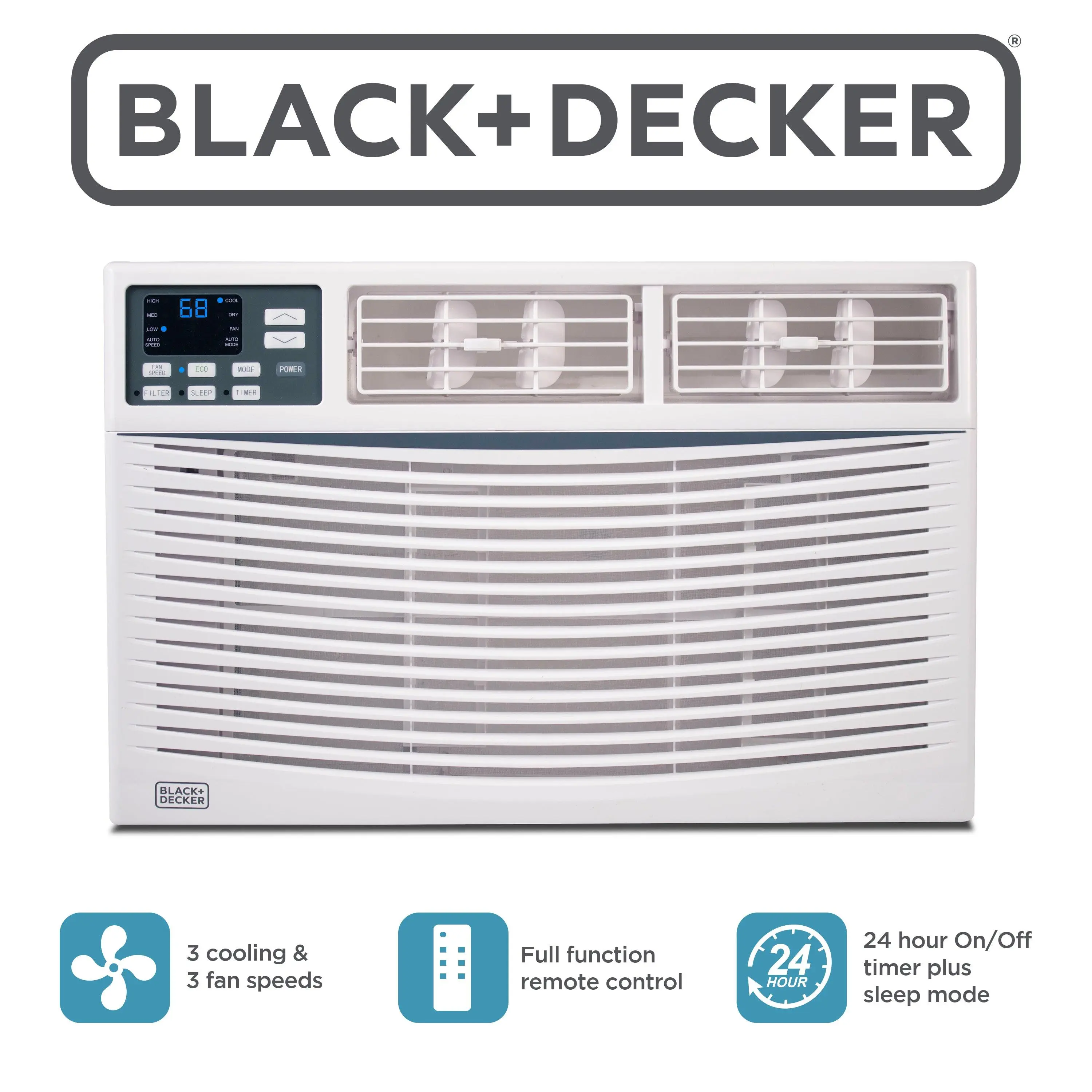 BLACK+DECKER Window Air Conditioner 8,000 BTU, AC Window Unit Cools Up to 350 Square Feet, Window AC Unit with Remote Control, 3 Cooling Speeds and Fan Only Function, BWAC08WTB, White