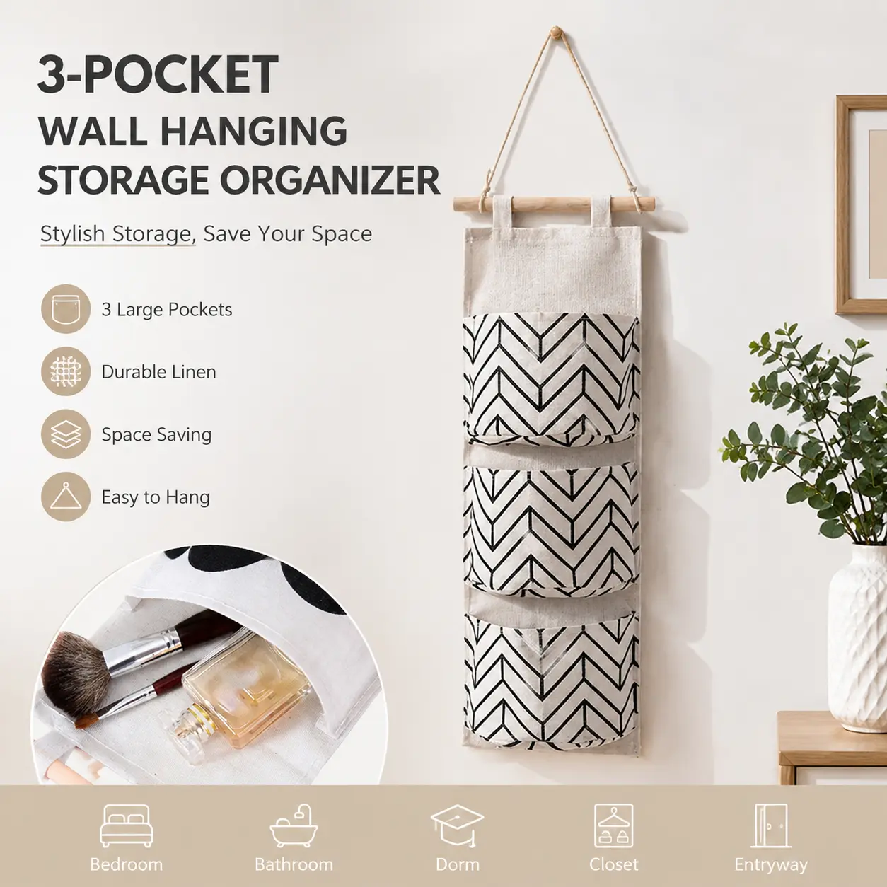 3-pocket Wall Hanging Storage Organizer,linen Over The Door Hanging Storage Bag,space Saving Hanging Caddy For Bedroom Bathroom Dorm Closet Entryway Household Small Items Storage