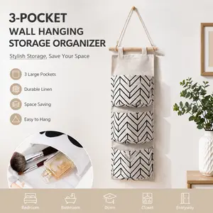 3-pocket Wall Hanging Storage Organizer,linen Over The Door Hanging Storage Bag,space Saving Hanging Caddy For Bedroom Bathroom Dorm Closet Entryway Household Small Items Storage