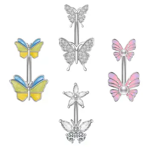 OIDEA 14G 316L Stainless Steel Double Butterfly Curved Belly Button Ring with Cubic Zirconia Rhinestones, Body-Safe Dainty Belly Piercing Jewelry, Silver, Body-Safe Piercing Jewelry