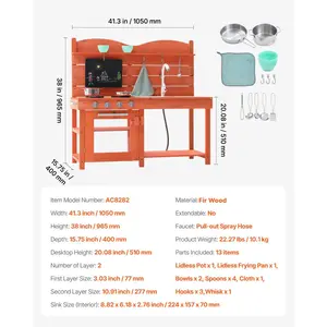 VEVOR Mud Kitchen for Kids, Wooden Toy Play Kitchen Set, Outdoor Toddler Grocery Store Playset for Boys Girls, Pretend Play Kitchen with Stoves, Sink, Faucet, Blackboard, Cookware Pots, Accessories