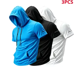 3-pack men’s solid-color short-sleeve athletic hoodies with breathable mesh and a kangaroo pocket design; suitable for running, fitness, and various sports activities.