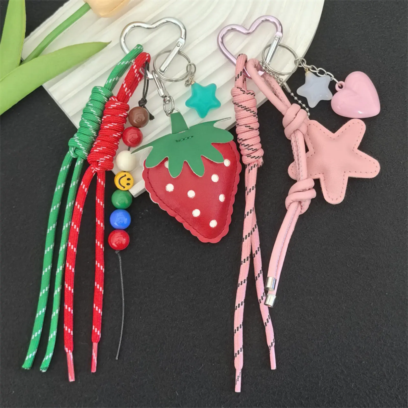 Leather Strawberry-5-Pointed Star Pendant Keychain, Kawaii Carabiner Key Charm Accessories, Sports & Outdoor Bag Decor, Keychain Accessories, Fruit, Cute, Backpack Accessories