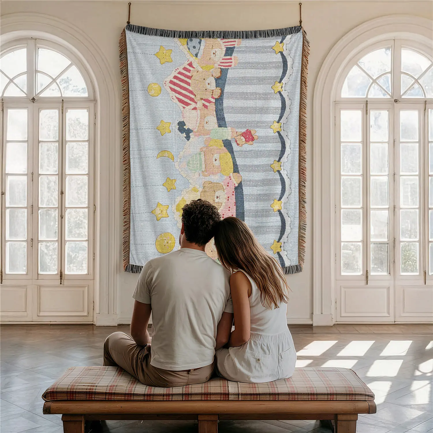 Six Little Bears Pattern Home Decor Yarn Woven Wall Art Tapestry for Bedroom Dorm Living Room- with Fringe Tassels Not Printed - Multipurpose Design Soft Boho H Chair Couch Bed Cover Throw Towel Slipcover Travel Garden Outdoor Camping Picnic Beach