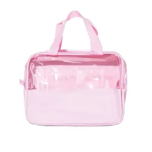 LARGE BEAUTY BAG Pink Transparent Cosmetic Bag with Handles