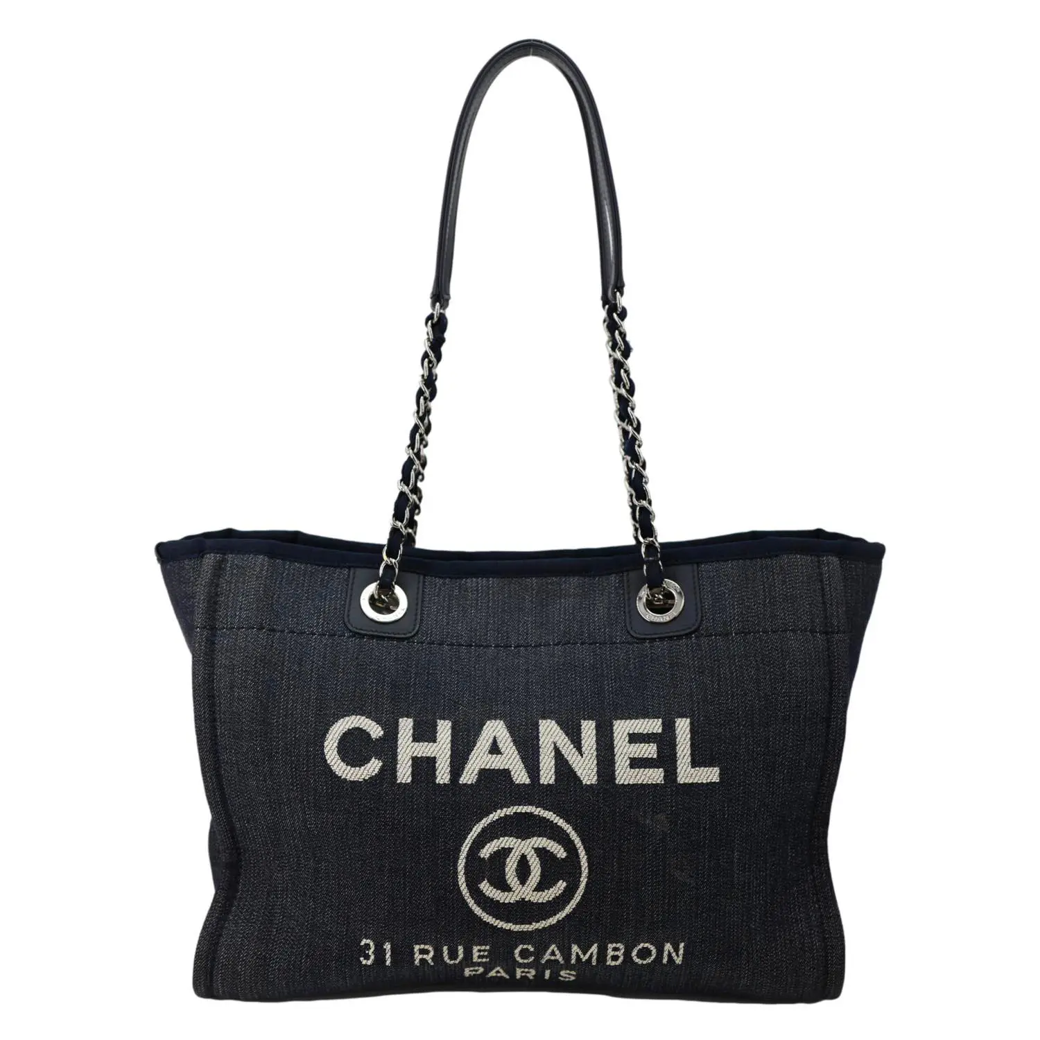 Pre-owned CHANEL Denim Shoulder Bags Deauville Medium Tote Bag Navy Blue