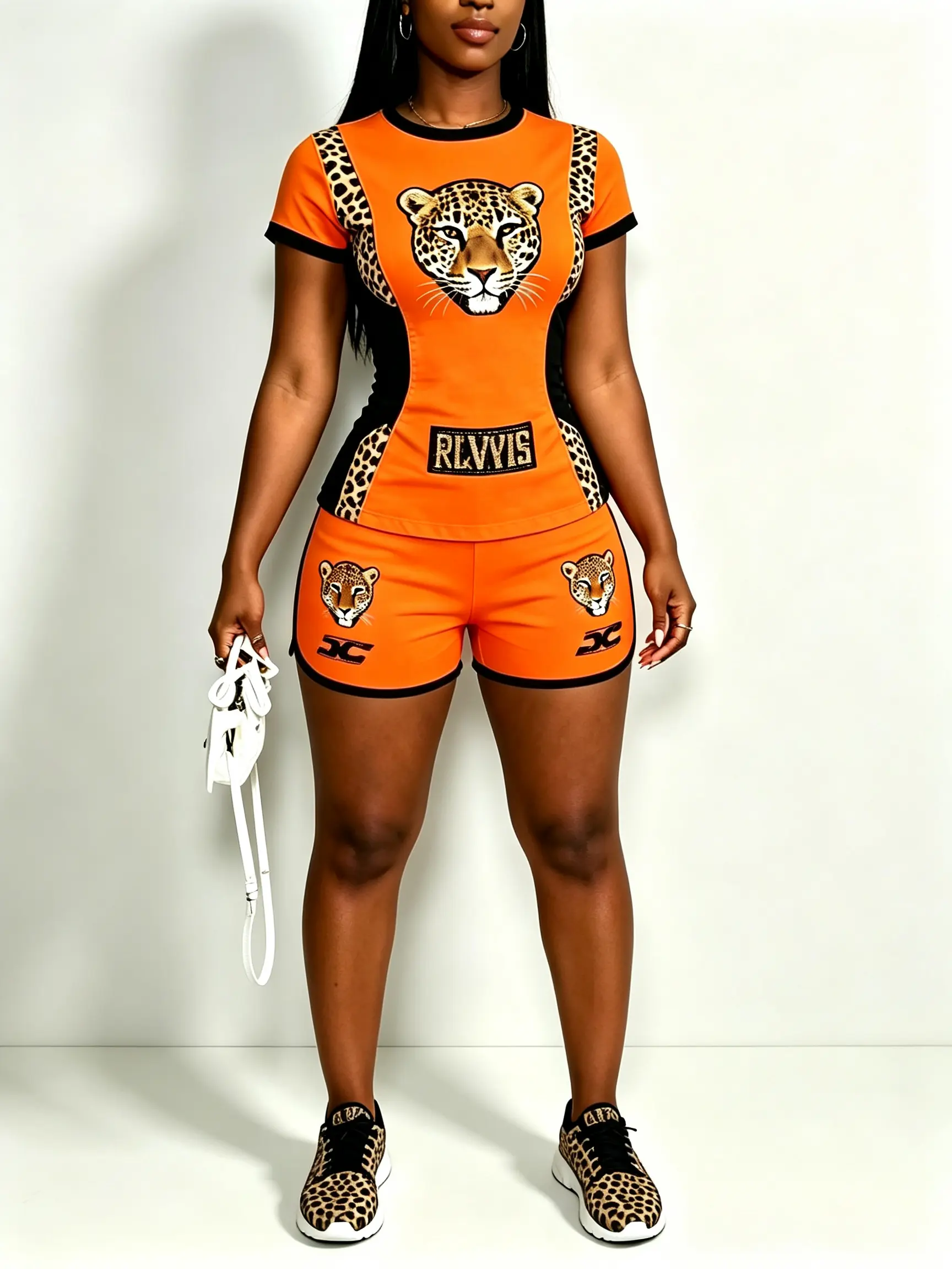 Leopard Patchwork Wolf Print 2 Piece Short Tracksuit Women