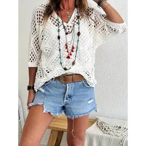 Oversized solid hollow-out off-shoulder knit top, summer casual V-neck three-quarter sleeve knit top, women’s everyday wear GARMENTARY