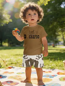 American retro style "Little Buckaroo" Western party printed infant short-sleeve set, baby casual children's clothing, T-shirt suitable for daily and outdoor sports, 100% polyester, a perfect gift for infants and young children!
