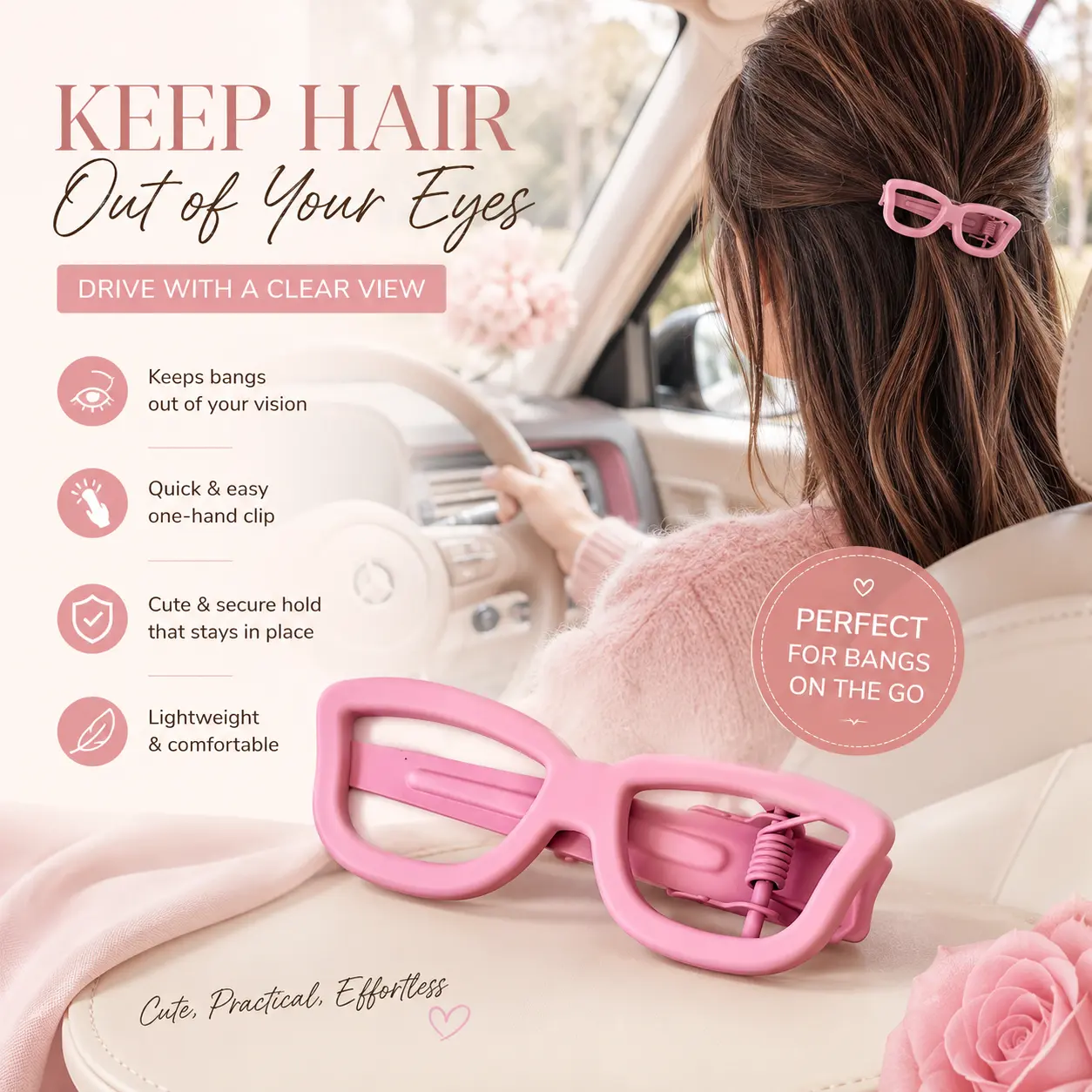 Pink Glasses Shaped Hair Clip for Driving | Anti-Slip Bangs Barrette for Clear View | One-Hand Easy Clip Side Hair Accessories for Female Drivers | Aesthetic Vehicle Beauty Essentials