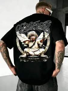 Dark Cool Cosplay Angel Short Sleeve Men's T-Shirt, Baroque Gold Frame Arrow Print, American Vintage Loose Fit, Casual Long T-Shirt