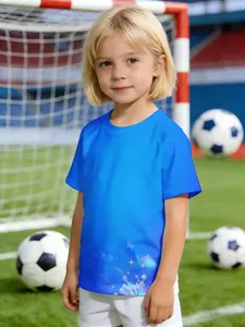 New girls' round neck short sleeve T-shirt, fun children's wear design, comfortable and stylish, perfect for everyday wear Blue Gradient Stars And Moon Pattern Short-sleeved round neck top, suitable for daily wear