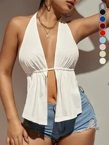 Women's Solid Color Sexy Cutout Deep V-Neck Front Slit Halter Backless Laced, Knit Camisole beach top featuring cutout details and corset-inspired lacing. Essential transitional piece for summer - perfect from beach outings to evening dates