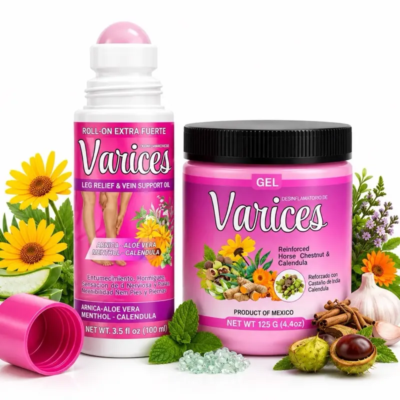 (Gel + Roll On )  Varices Gel 4.4oz (125g) + 100ML Roll On  Desinflamatorio de verices 4.23 oz (120 g) – Varicosa Massage Body Oil Targeted Cooling Sensation for Legs, Knees, Arms & Shoulders – Natural arnica oil with Calendula & Horse Extract