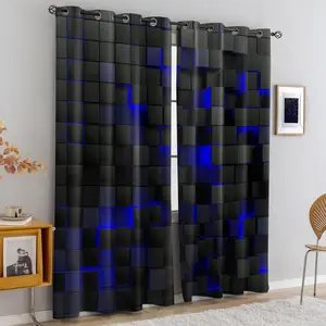 Futuristic 3D Grid Curtains, Abstract Dark Gray Blackout Drapes with Electric Blue Glow Squares, Modern Digital Design for Living Rooms, Bedrooms, and Home Theaters, 2-Pack, Machine Washable, Window Curtain