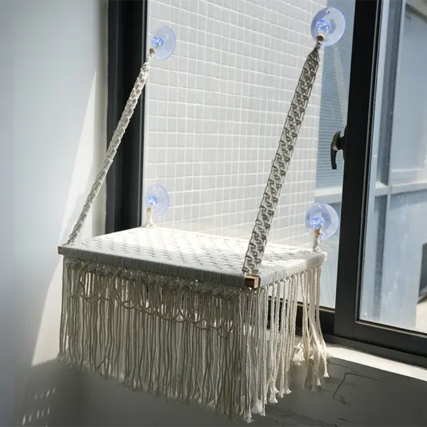 Hanging cat bed, glass suction cup cat hammock, Bohemian-style woven cat hammock