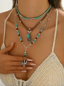 Women's Layered Necklace Set, Jewel Necklace, Charms Necklace, Cactus Turquoise Chicken Wing Wood Velvet Necklaces, Christmas New Year Gift, Jewelry Design
