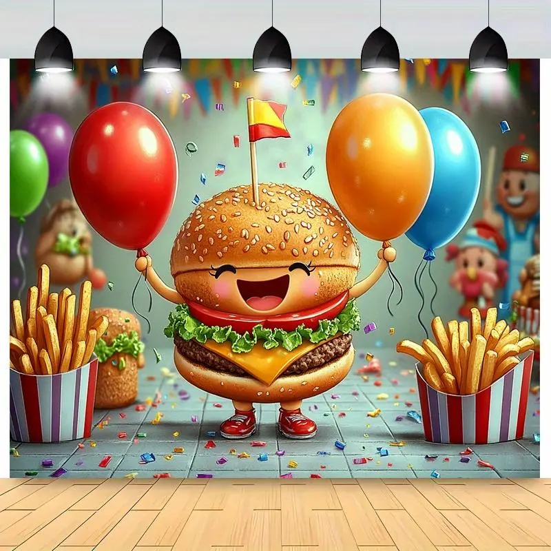 1pc Polyester Festive Party Backdrop Banner - Cheery Cartoon Burger & Balloon Design, No Power Needed, Ideal for Weddings, Birthdays, Indoor-Outdoor Textile Party Decoration, Wedding