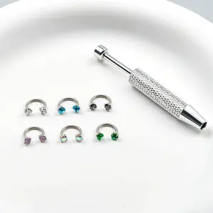 6-piece value set 316L medical-grade titanium steel 18G 1.0mm horseshoe-shaped nose ring with internal thread and gemstone, includes ball retainer and guide needle