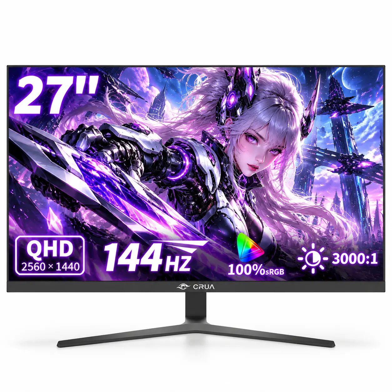 CRUA 27-Inch QHD 2K 144Hz Gaming Monitor - Black Computer Monitor for PC Gaming, Office Work