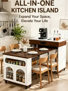 TREXM Extendable Dining Table with Extra-Long Folding Top Rolling Kitchen Island with Drawers Power Outlet Brake Lock Storage Cabinet for Kitchen Dining Room Walnut Creamy White Combo Item