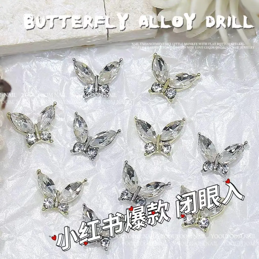 10PCS Large Size Shiny Zircon Butterfly Nail Charms, 3D Crystal Rhinestone Nail Art Decorations for Manicure DIY