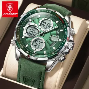 Poedagar Luxury Fashion Watch Men's Bright Week Date Dual Display Digital Multifunctional Leather Strap Men's Quartz Watch