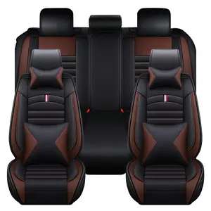 Universal 5 Seat Car Seat Cover, Full Set Full Covered Cushion Protector With Neck Lumbar Pillow, PU Leather Front & Rear Seat Cushion Protection With Big Storage Bag For Sedan, SUV, Truck