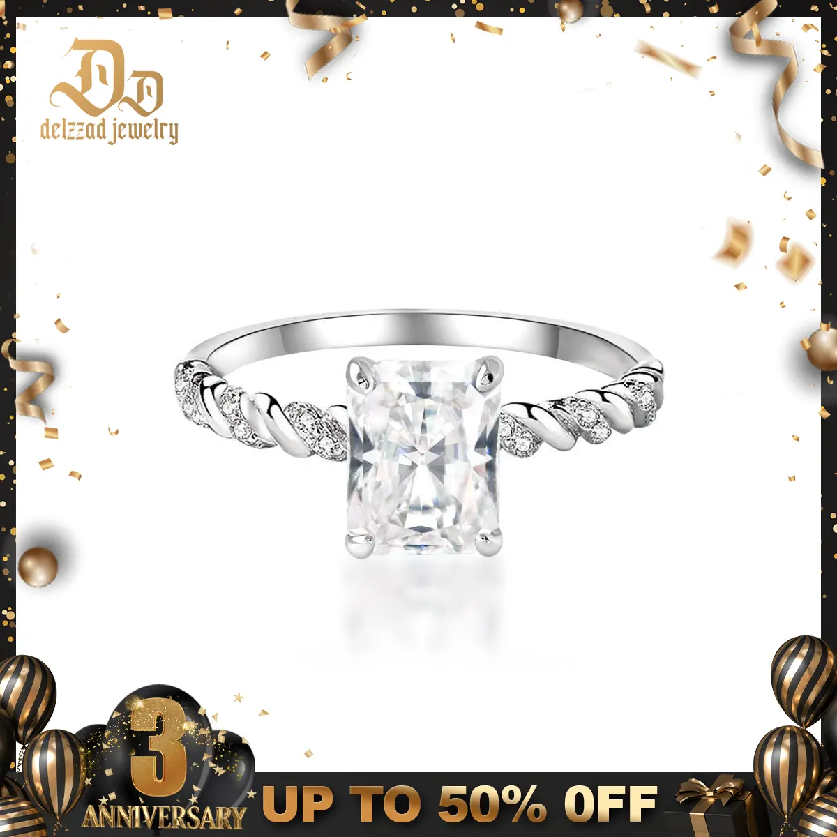 Delzzad 3ct Solitaire Twist Band Ring Radiant Synthetic Moissanite Ring Band In 925 Sterling Silver Christmas Gift