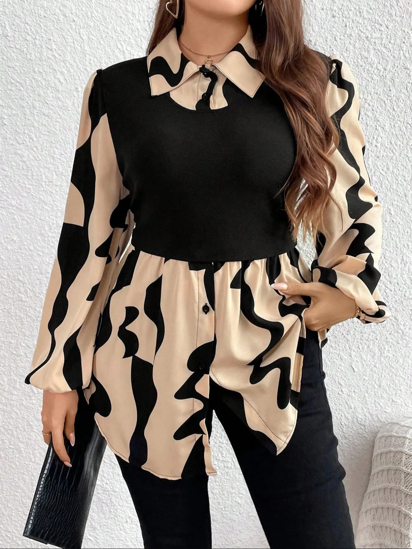 Plus Size Women's Casual Collared Long Sleeve Blouse Shirt, Womenswear, Fitted Button Front Design, Moderate Fabric, All Seasons Wear, Stylish Geometric Printed Top, Casual Fashion Wear