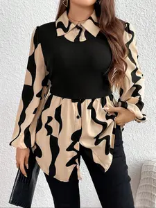 Plus Size Women's Casual Collared Long Sleeve Blouse Shirt, Womenswear, Fitted Button Front Design, Moderate Fabric, All Seasons Wear, Stylish Geometric Printed Top