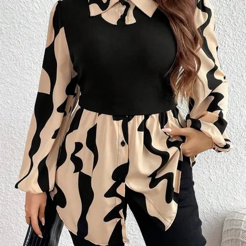 Plus Size Women's Casual Collared Long Sleeve Blouse Shirt, Womenswear, Fitted Button Front Design, Moderate Fabric, All Seasons Wear, Stylish Geometric Printed Top, Casual Fashion Wear
