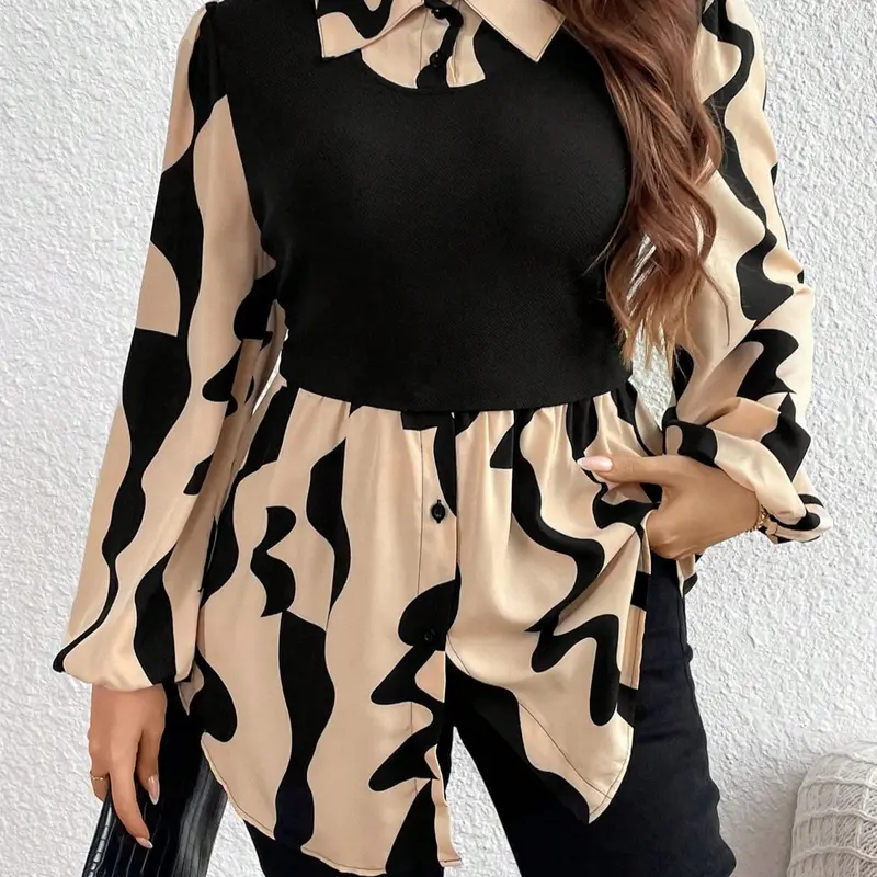 Plus Size Women's Casual Collared Long Sleeve Blouse Shirt, Womenswear, Fitted Button Front Design, Moderate Fabric, All Seasons Wear, Stylish Geometric Printed Top, Casual Fashion Wear