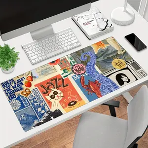 Large Retro 60s 70s Music & Pop Art Desk Mat - Non-Slip Rubber Base, Ultra Smooth Surface with Vintage Vinyl Record & Jazz Design, Keyboard & Mouse Pad for Home Office, Gaming, Computer Setup - Mid-Century Modern Aesthetic Workspace Accessory