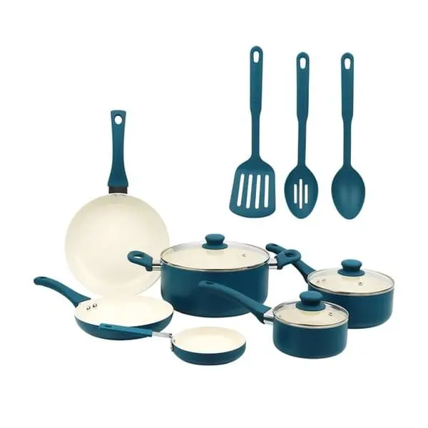 Mainstays 12 Piece Ceramic Nonstick Aluminum Pots and Pans Cookware Set, Skillets Saucepans Casserole with Lids and 3 Utensils, Soft Touch Handles, Kitchen Starter Set for Apartment Dorm, Blue